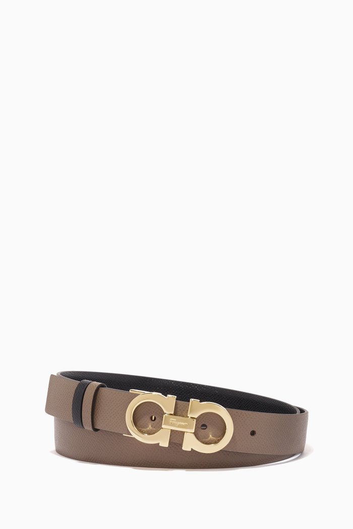 Gancini Reversible Belt in Hammered Calf Leather, Grey
