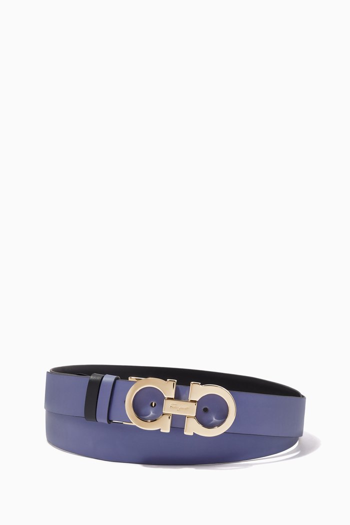 

Gancini Reversible Belt in Hammered Calf Leather, Blue