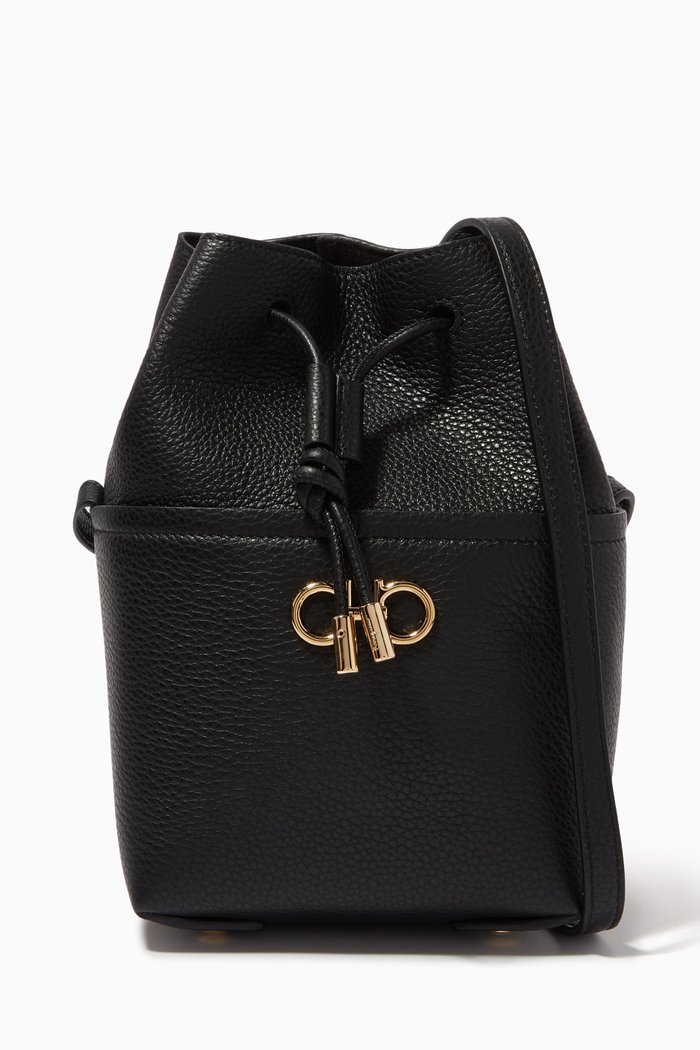 

Gancini Mini Bucket Bag in Hammered Calf Leather, Black