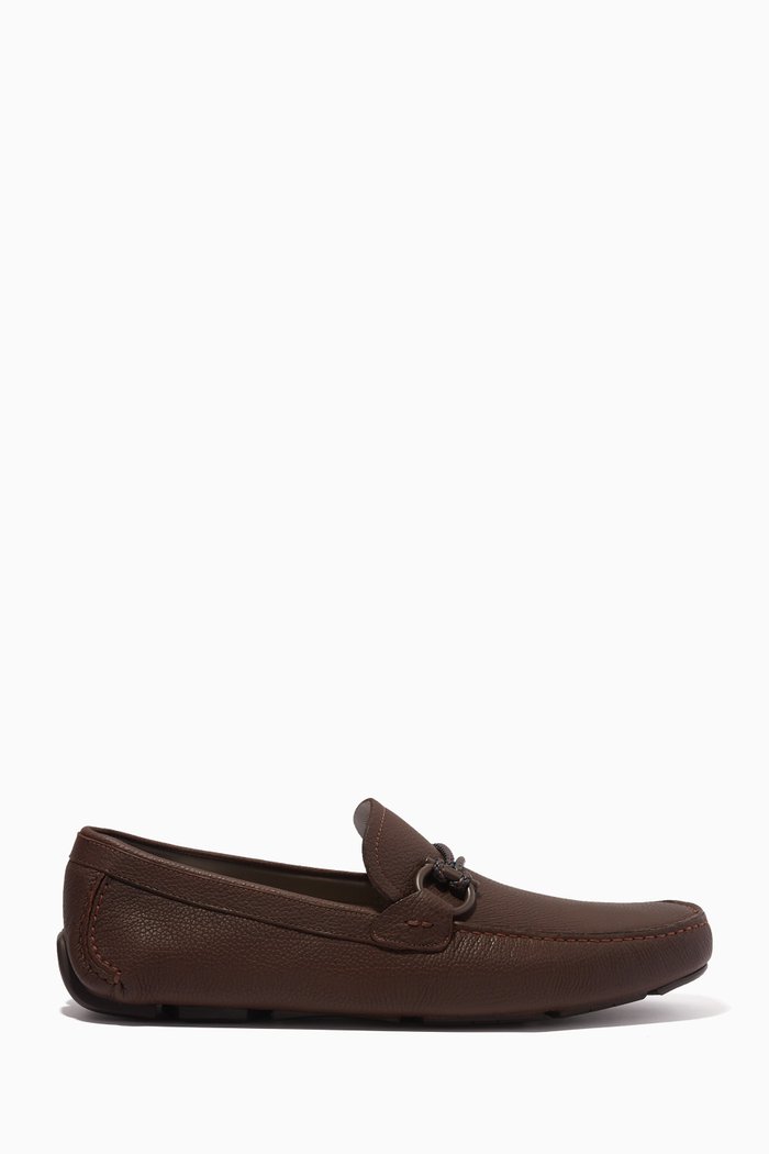 Gancini Driver Loafers in Hammered Leather, Brown