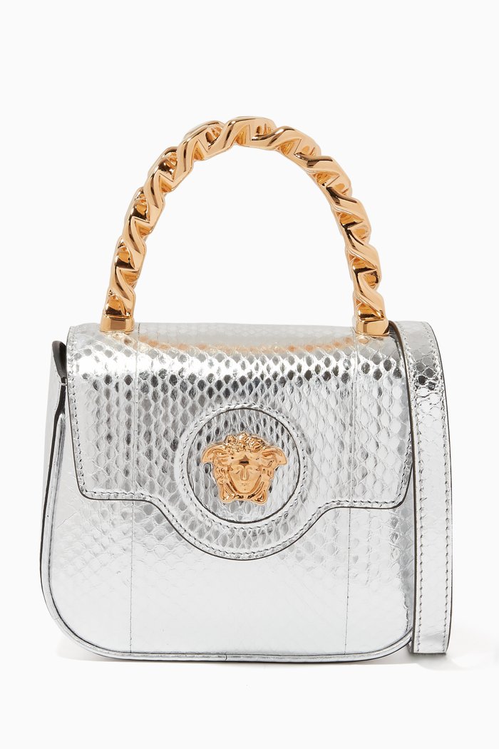 La Medusa Mini Bag in Metallic Snakeskin-effect Leather, Silver