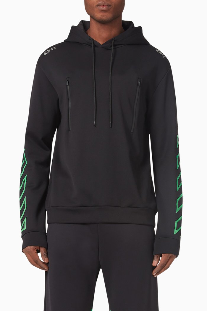 Diagonal Zip Pocket Hoodie in Stretch Nylon, Black