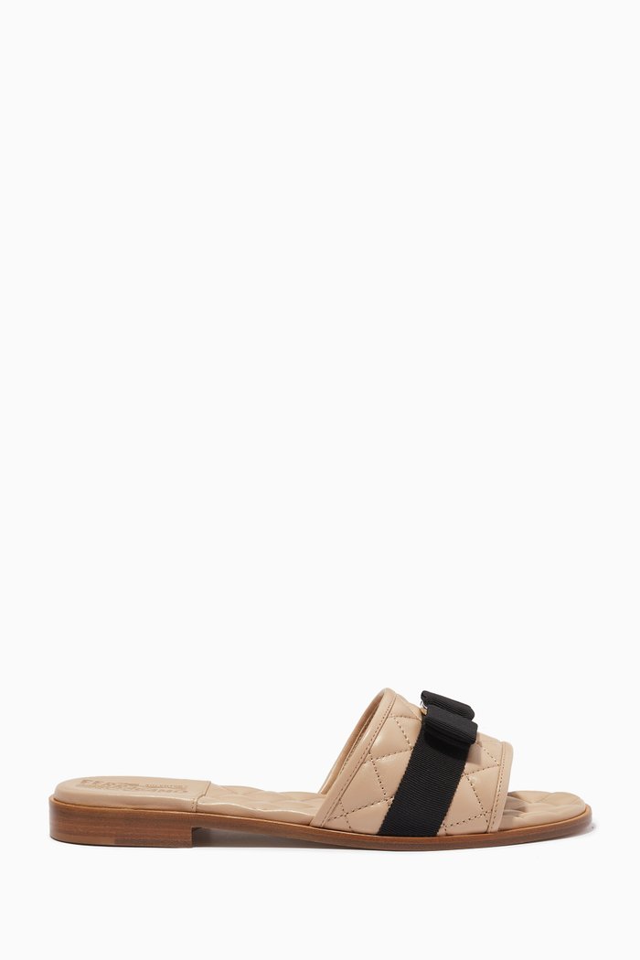 

Vara Bow Slides in Quilted Nappa Leather, Neutral