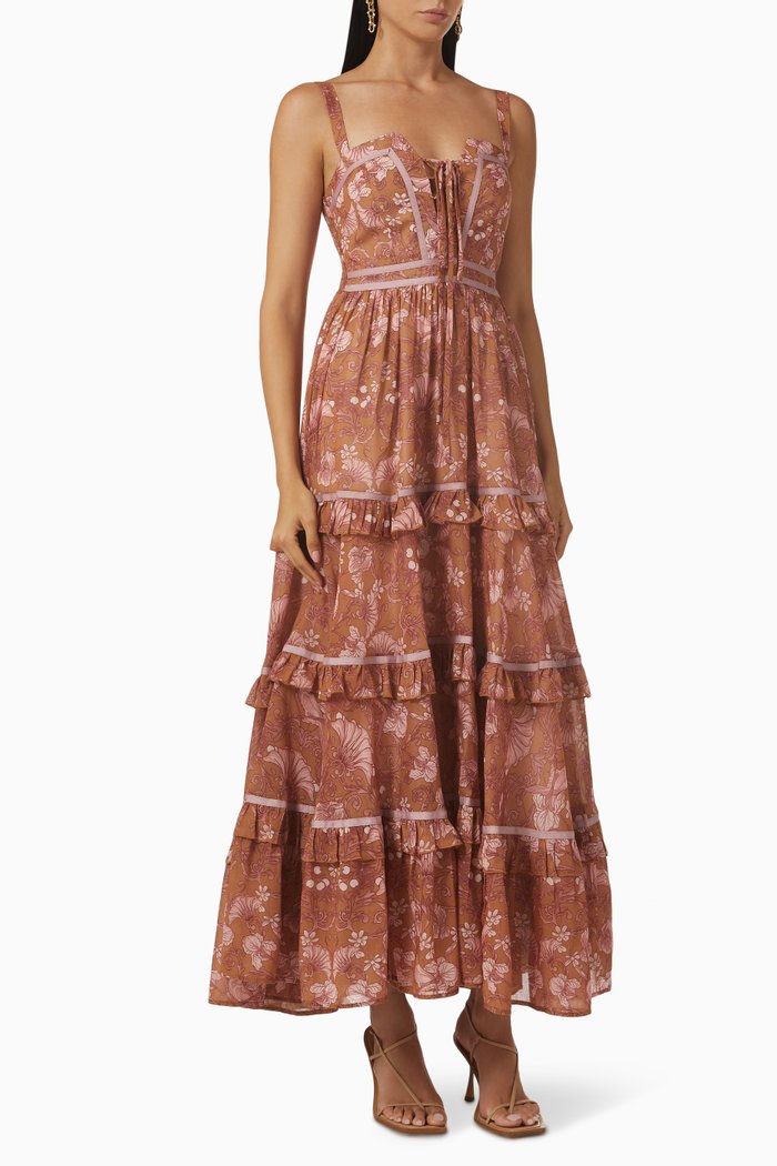 

Antoinette Floral Lace-up Maxi Dress, Brown