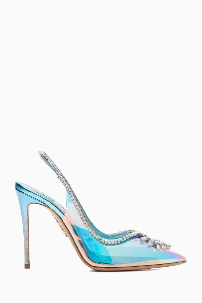 

Seduction 105 Crystal Slingback Pumps in PVC & Mirror Leather, Blue