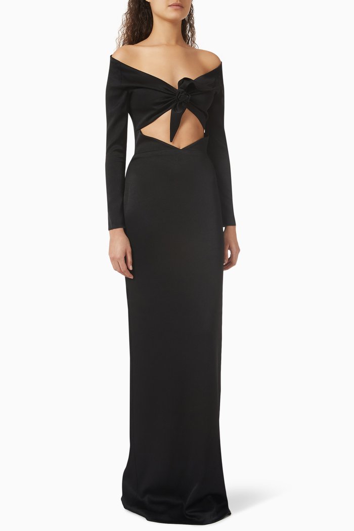 

Lorne Bow Off-shoulder Maxi Dress in Satin crepe, Black