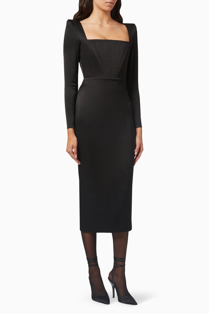 

Dellen Corset Midi Dress in Satin-crepe, Black