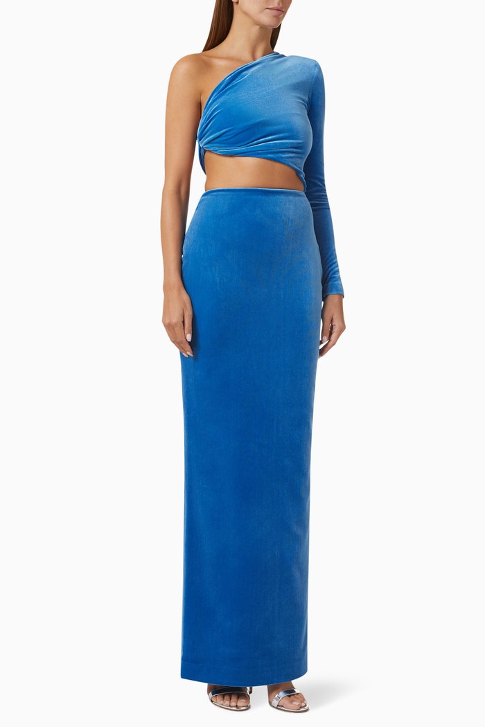 

One-shoulder Column Gown in Velvet, Blue