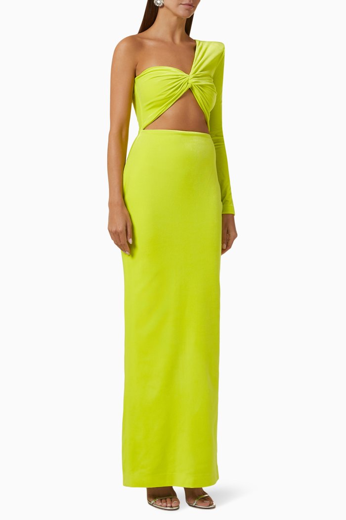 

Torrance One-shoulder Knotted Column Gown in Velvet, Yellow