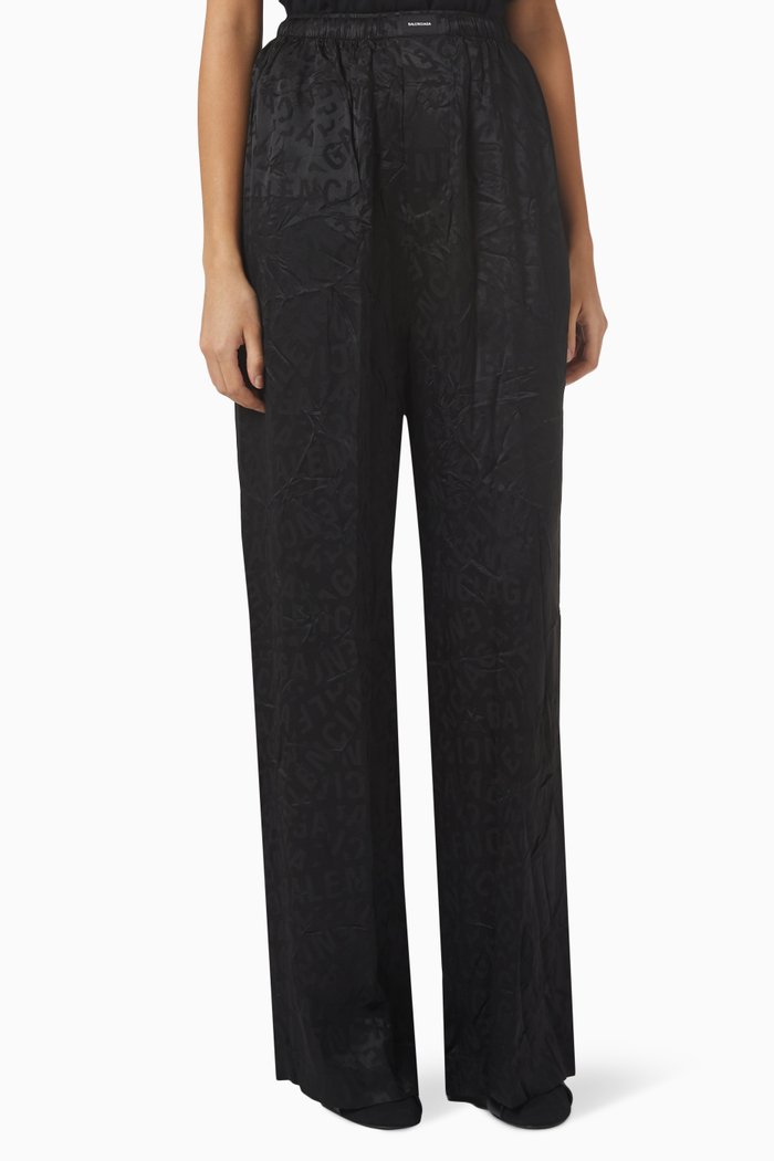 Pyjama Pants in Crinkled Logo Jacquard, Black