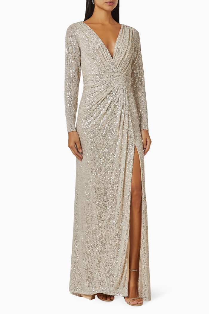 

Sequin Draped Slit Gown, Silver
