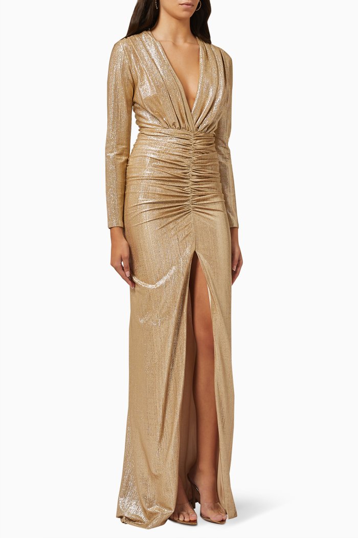 

Alisha Ruched Gown in Metallic Jersey, Gold