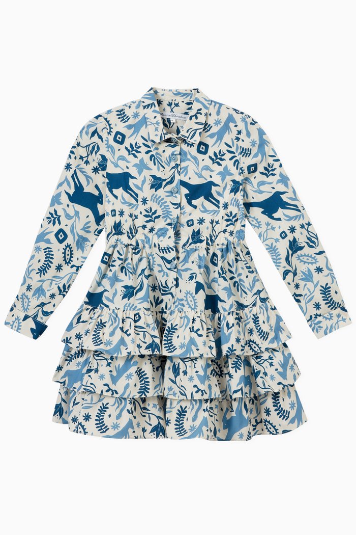

Celia Tiered Printed Shirt Dress in Cotton, Blue