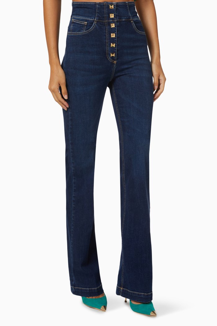 

Studded High-rise Jeans in Stretch Denim, Blue