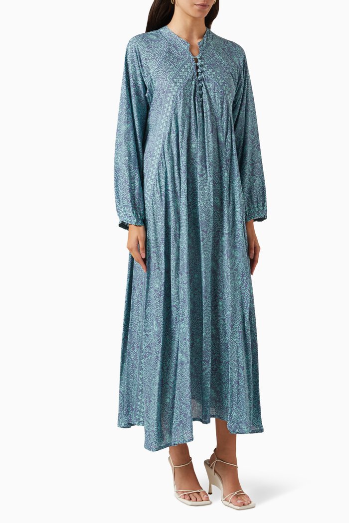 

Fiore Printed Maxi Dress in Rayon, Blue