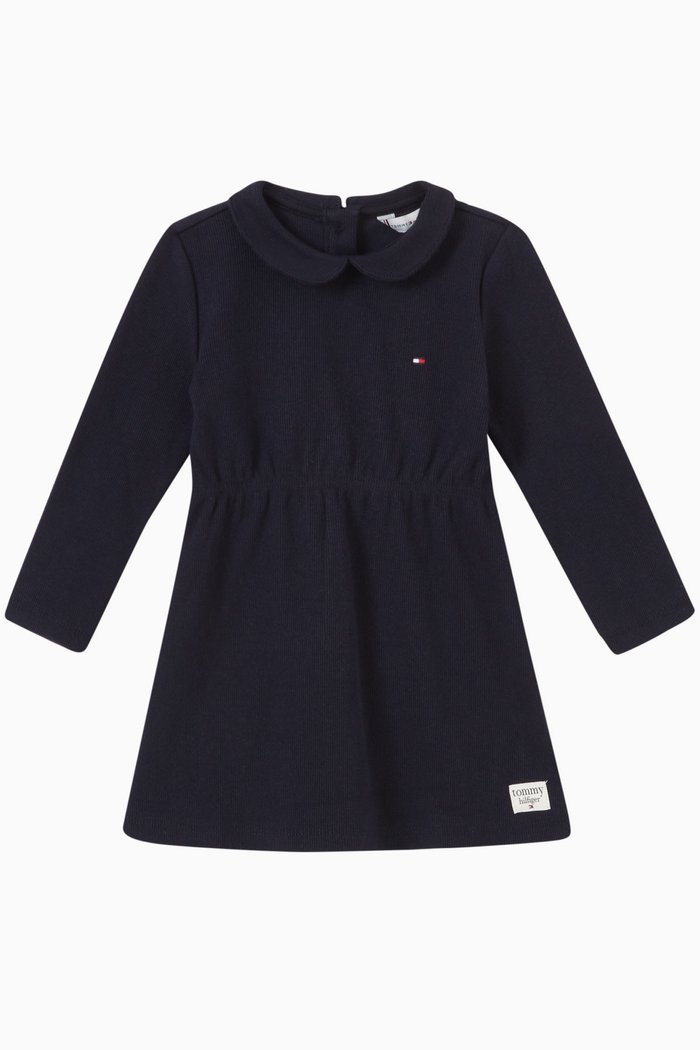 Striped Rib Dress in Cotton, Blue