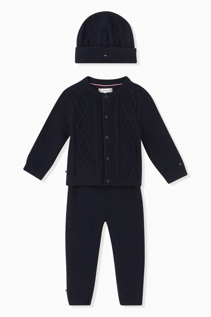 

Sweater, Pants & Beanie Set in Cable-knit, Black