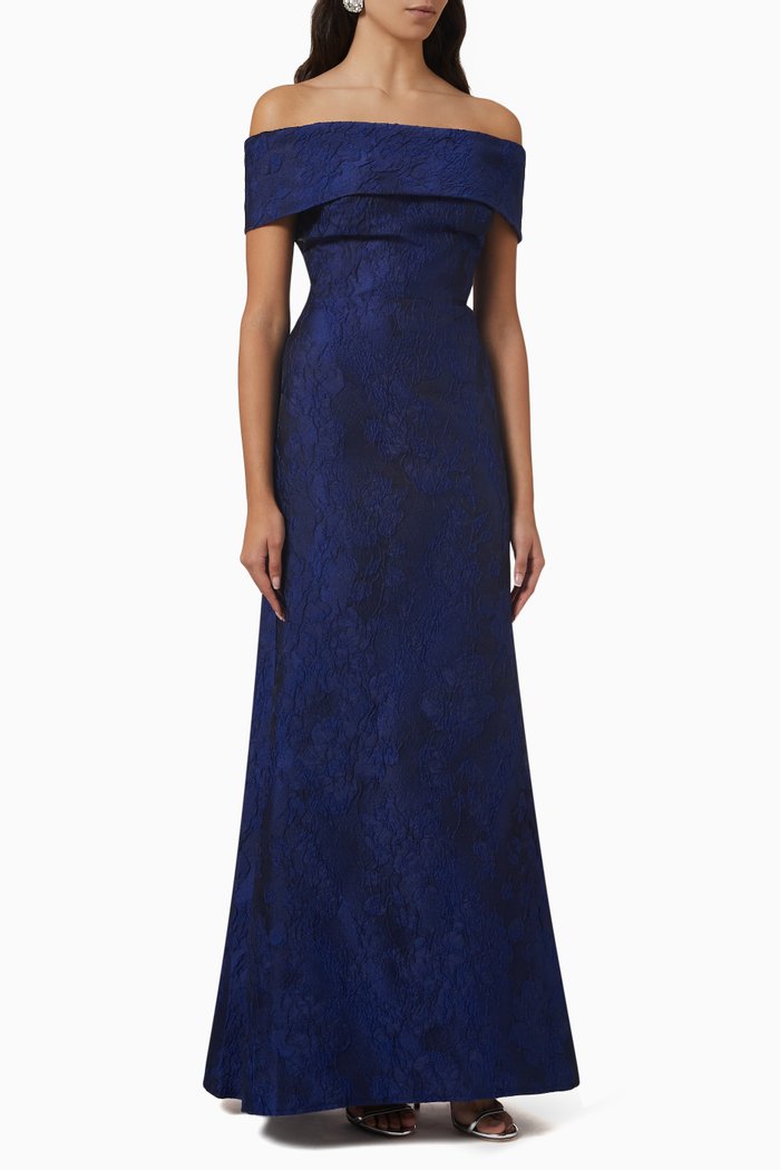 

Off-shoulder Gown in Metallic Jacquard, Blue
