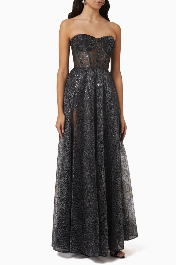 

Bustier Gown in Metallic Tulle, Black