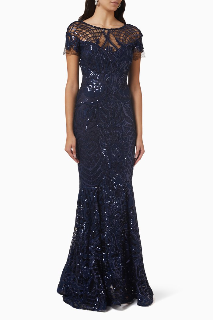 

Sequin-embellished Gown in Lace, Blue