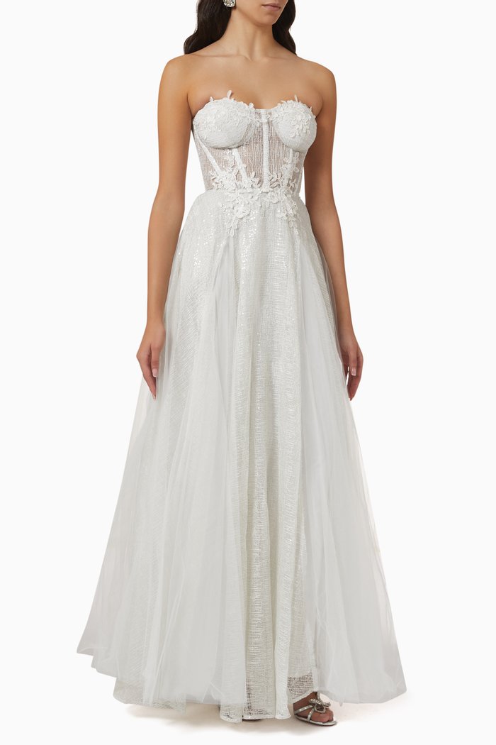 

3D Embellished Bustier Gown in Metallic Tulle, White