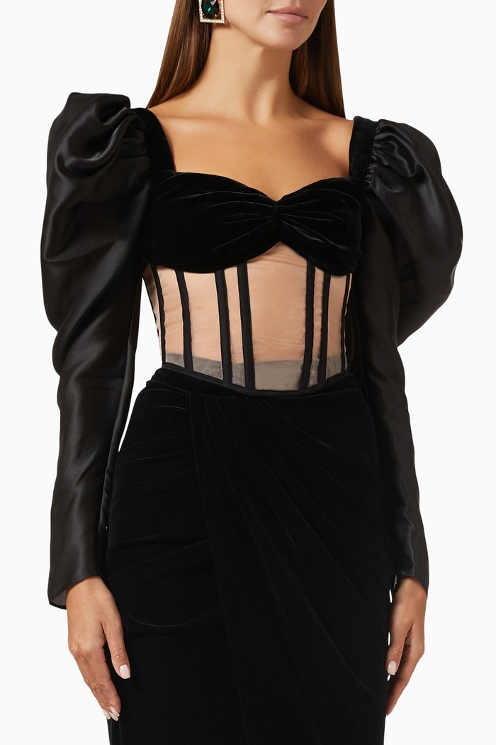 

Puff Sleeve Corset Top in Silk, Black