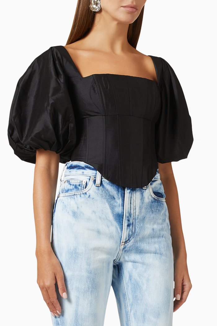 

Puff Sleeve Corset Top in Silk, Black