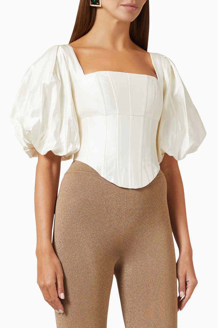 

Puff Sleeve Corset Top in Silk, White