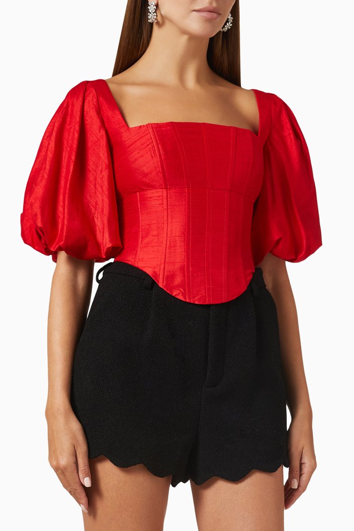 

Puff Sleeve Corset Top in Silk, Red