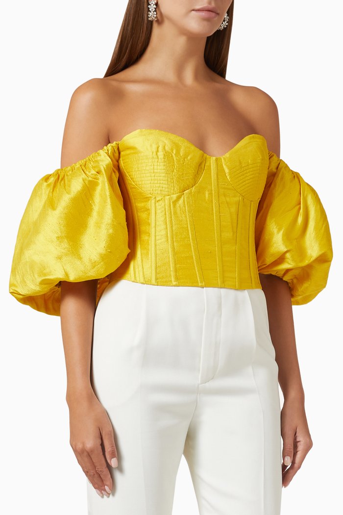 

Puff Sleeve Bustier Top in Silk, Yellow