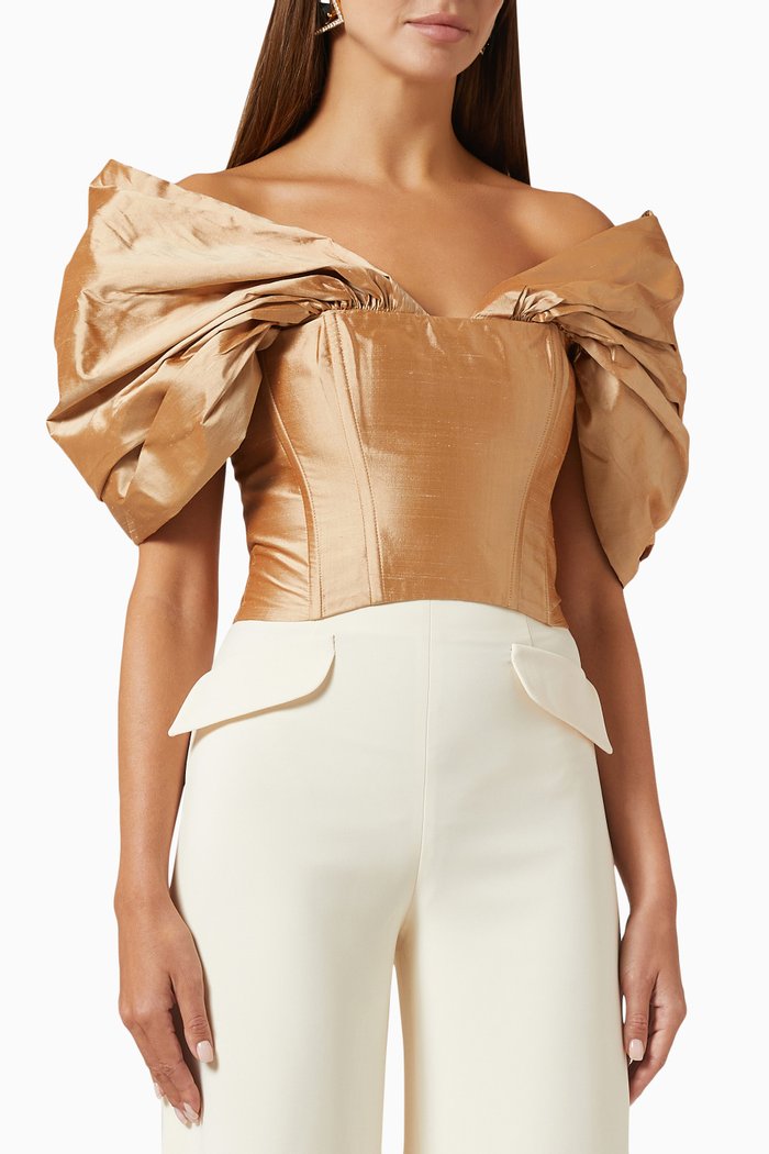 

Draped Puff Sleeve Top in Silk, Neutral
