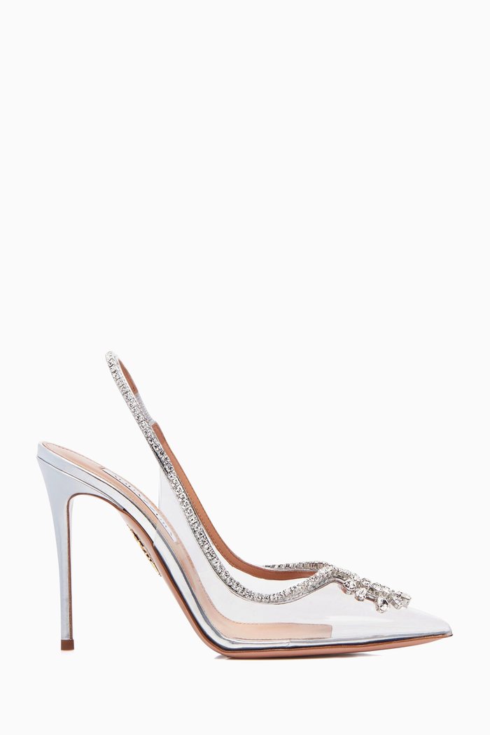 

Seduction 105 Crystal Slingback Pumps in PVC & Mirror Leather, Silver