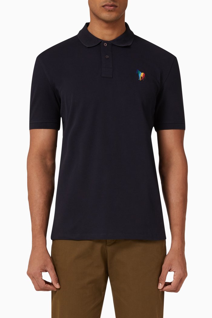 

Broad Stripe Zebra Logo Polo Shirt in Organic Cotton, Blue