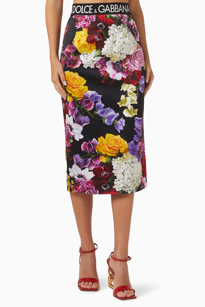 

Floral-print Midi Skirt in Stretch-satin, Multicolour