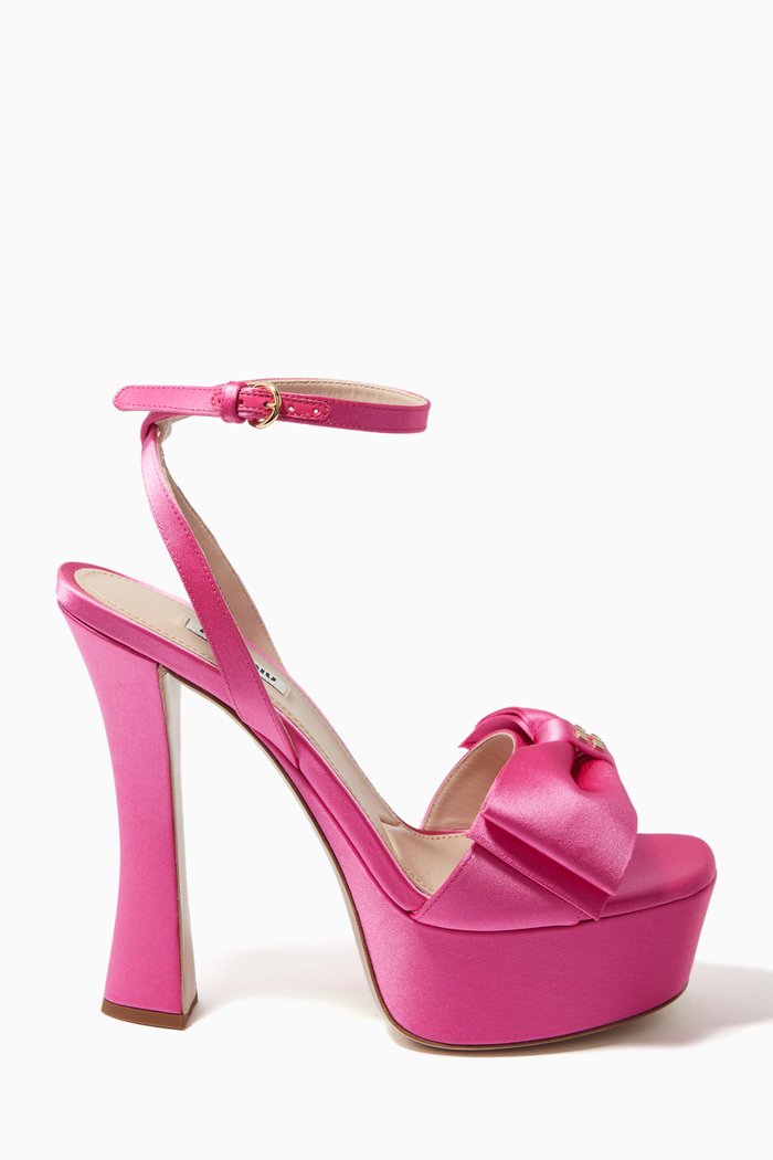 Logo Bow 135 Platform Heel Sandals in Satin, Pink