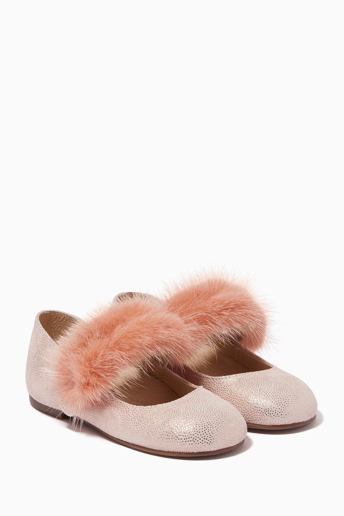 

Fur-trimmed Ballerina Shoes in Suede, Pink