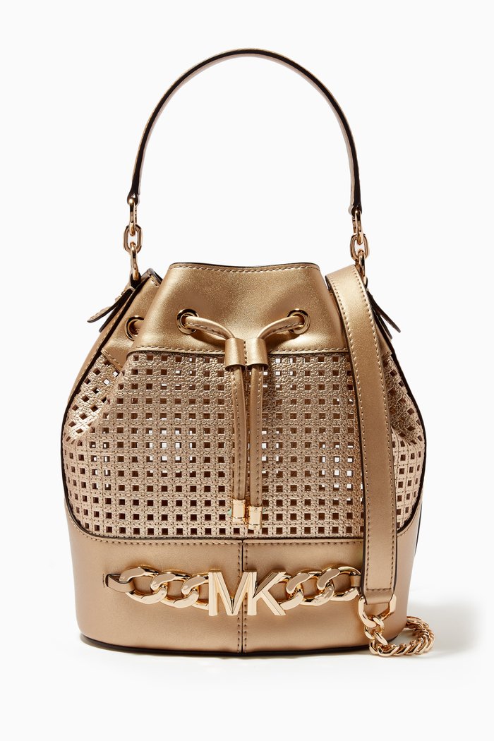 

Devon Medium Bucket Bag in Leather, Gold