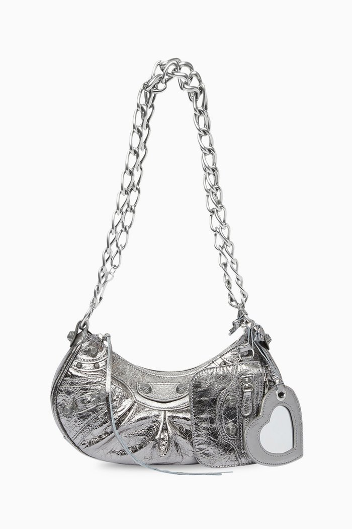 

Le Cagole XS Shoulder Bag with Chain in Metallic Arena Lambskin, Silver