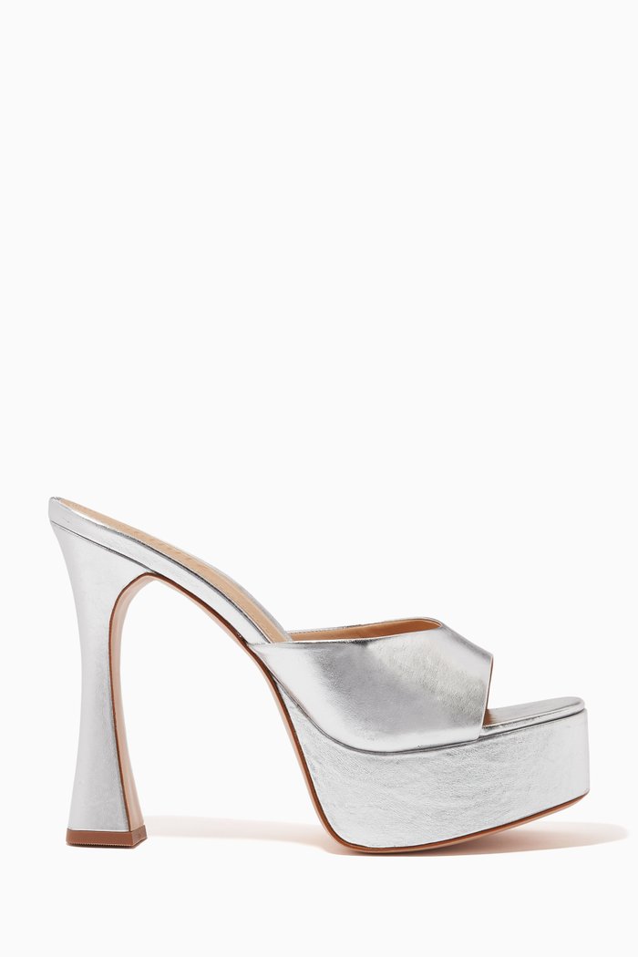 

Ellis Square-toe Platform Sandals in Metallic Leather, Silver