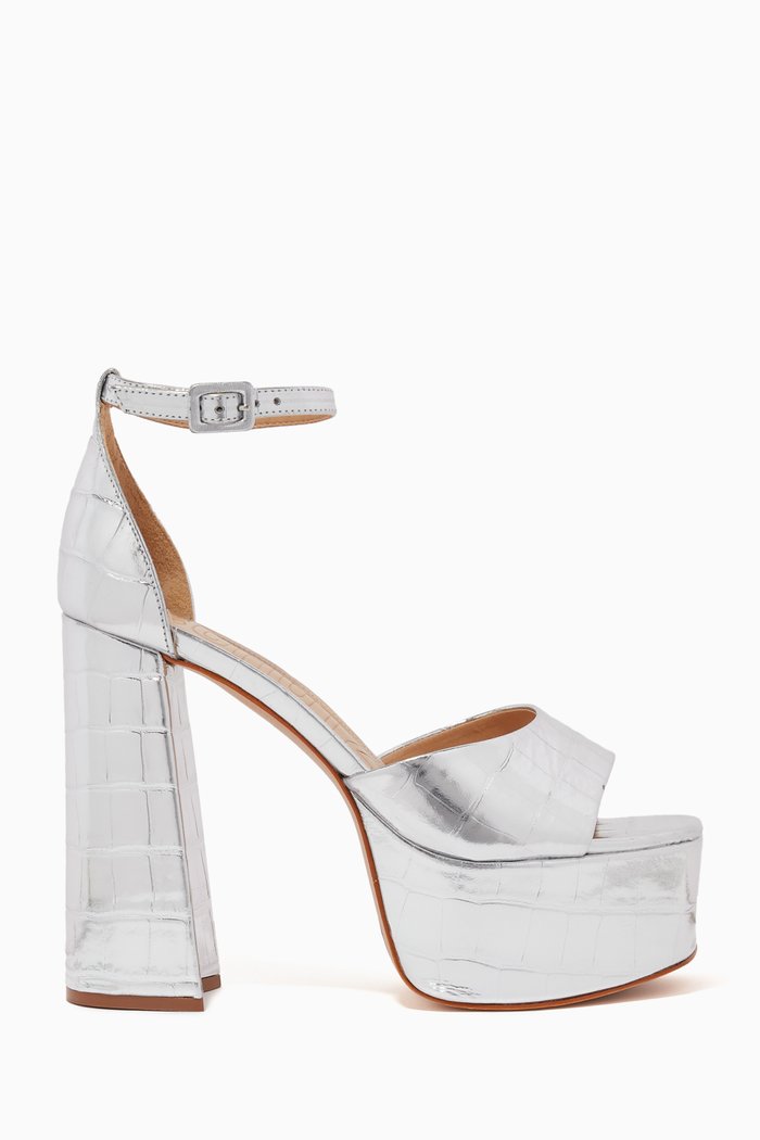 

Elsie Square-toe Platform Sandals in Metallic Leather, Silver