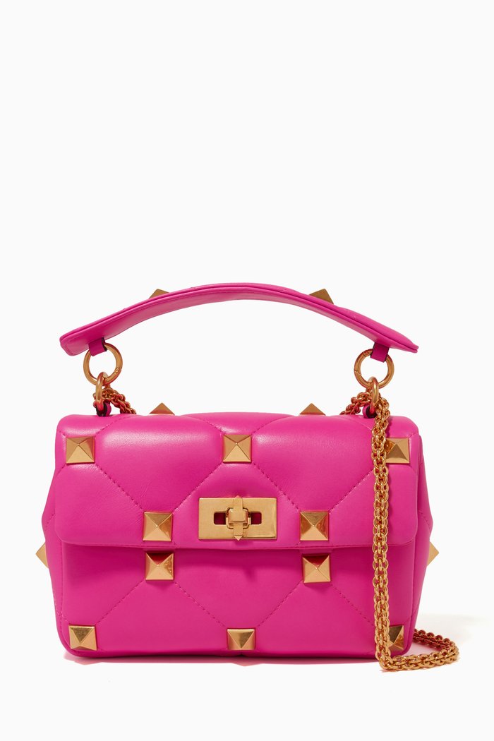Valentino Garavani Roman Stud Medium Shoulder Bag in Quilted Nappa, Pink
