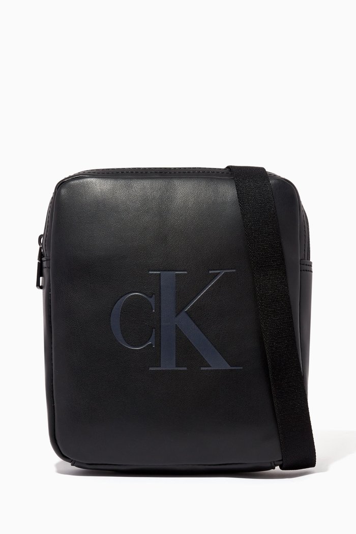 

Monogram Reporter Crossbody Bag in Faux Leather, Black