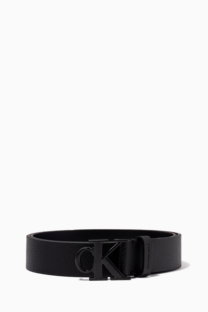 

CK Monogram Buckle Belt in Pebbled Leather, Black