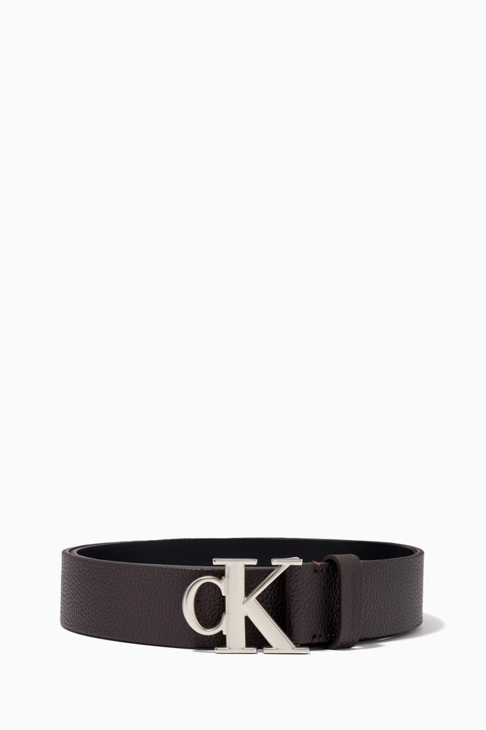 

CK Monogram Buckle Belt in Pebbled Leather, Brown