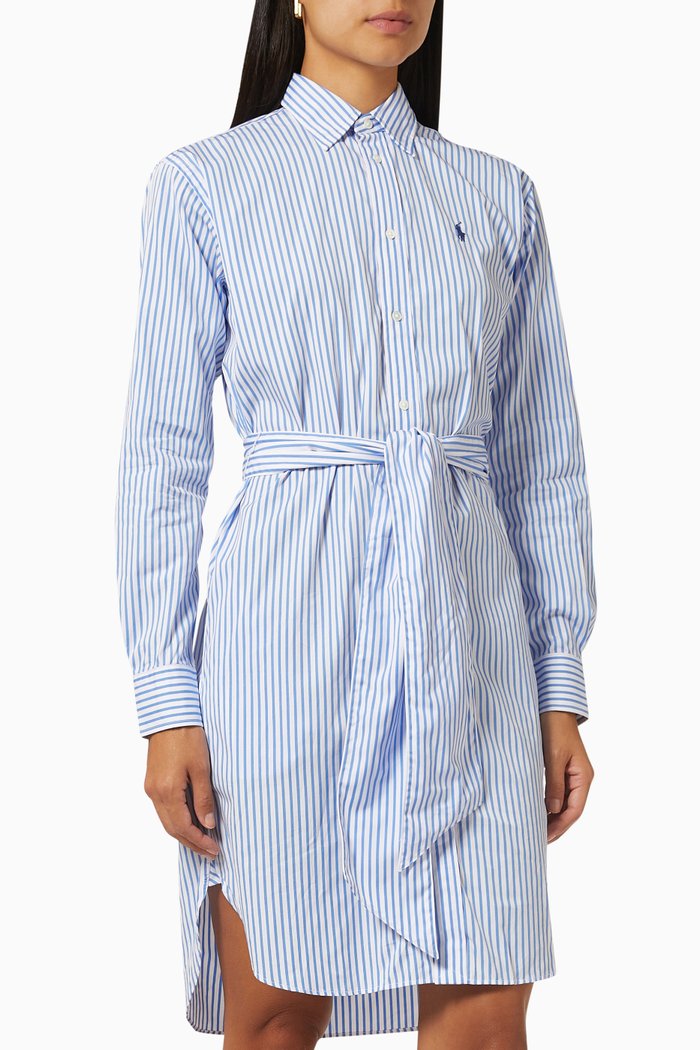 

Striped Belted Shirtdress in Cotton, Blue