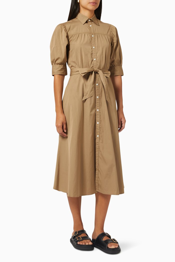 

Puffed-sleeve Midi Shirtdress in Cotton, Brown