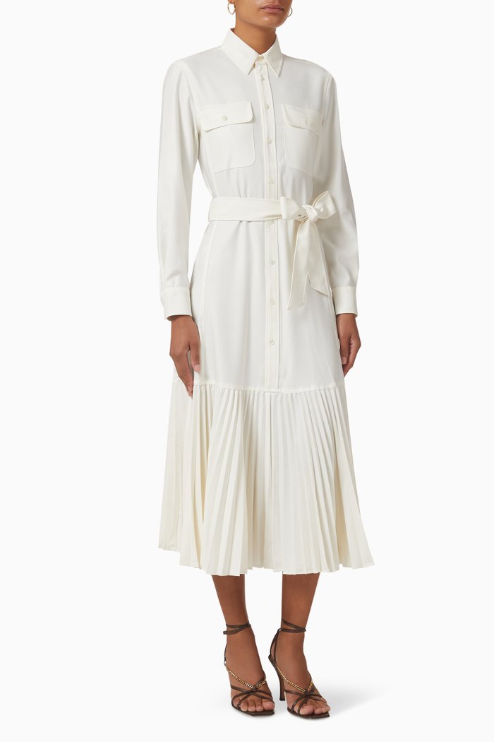 Pleated Midi Shirt Dress in Viscose-blend, Neutral