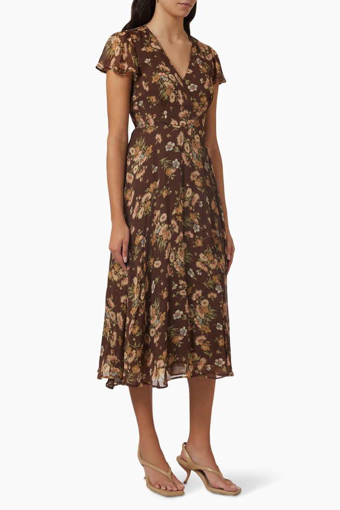 Floral Midi Wrap Dress in Crinkled-georgette, Black