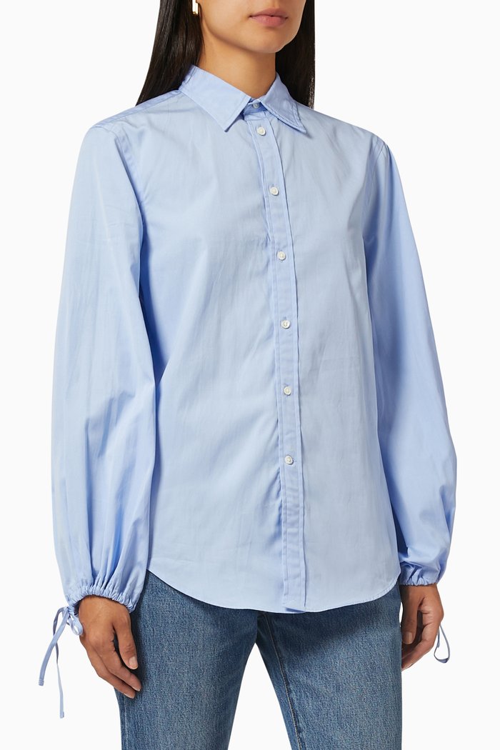 

Drawstring Bishop-sleeve Shirt in Cotton Poplin, Blue