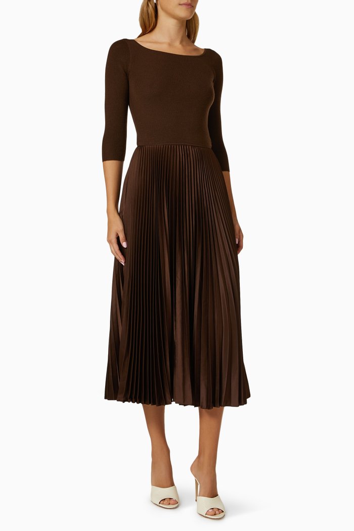 Pleated Midi Dress in Jersey & Satin, Brown